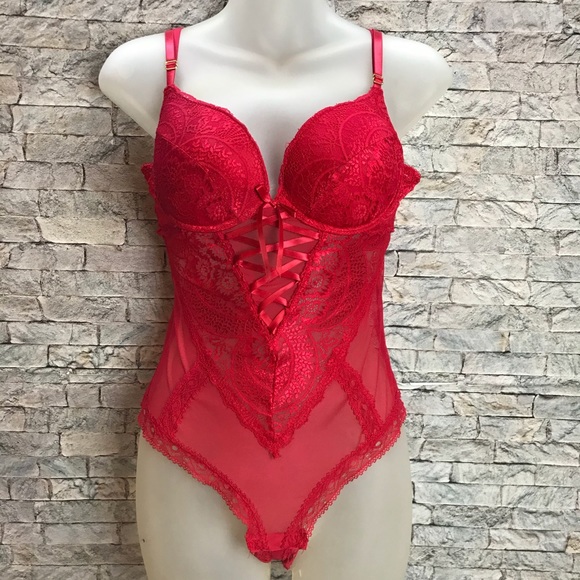 Black Fuchsia by Secret Lace Red Lace Medium Teddy - Picture 13 of 16